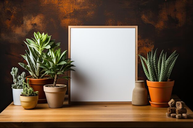 frame with poster mockup with green plants in pots on wooden table