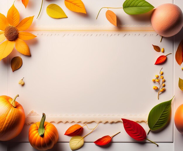 A frame with a pumpkin and leaves on it