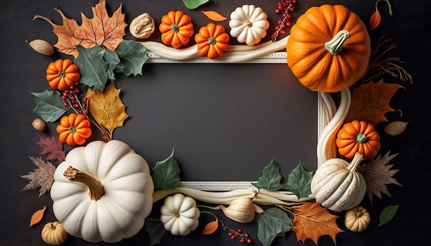 A frame with pumpkins and leaves on it