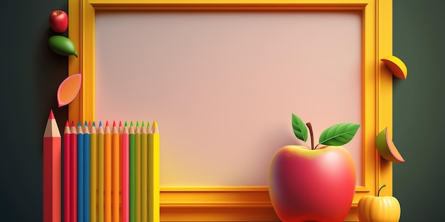 A frame with a red apple and pencils on it