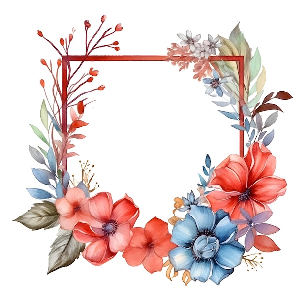 Frame with red and blue flowers on a white background.