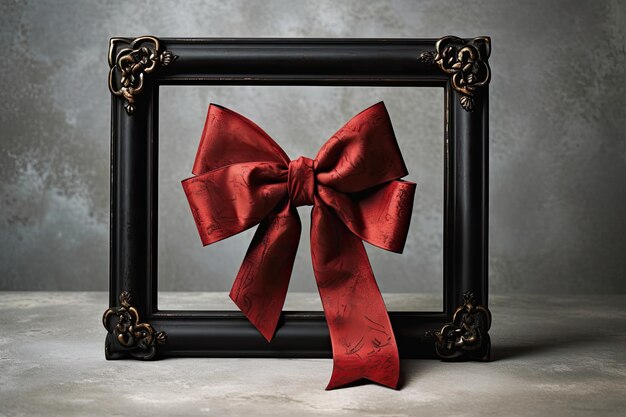 A frame with a red bow next to it