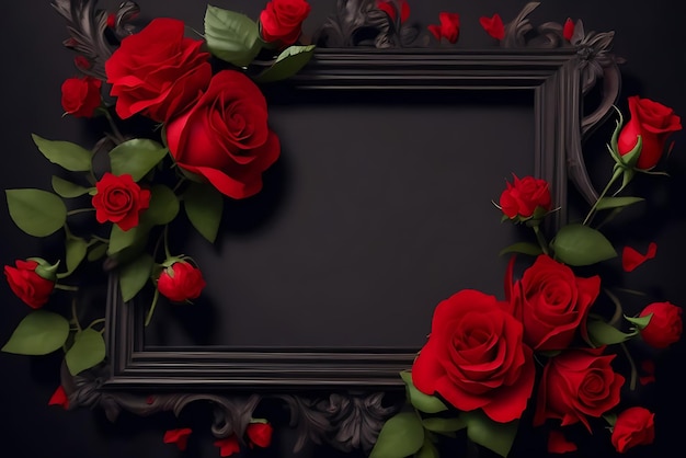 Frame with red flower copy space red roses on dark textured grange background Created with AI