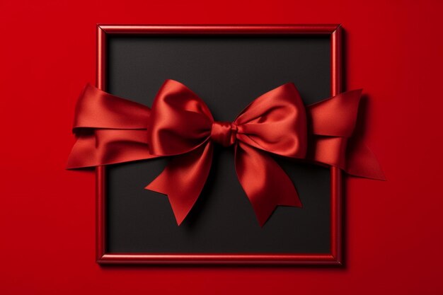 A frame with a red ribbon and a bow