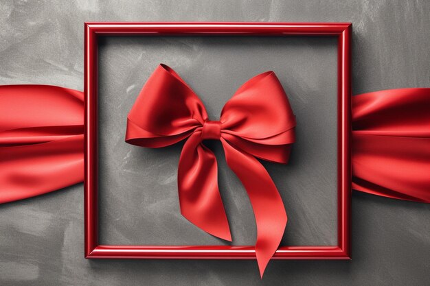 A frame with a red ribbon and a bow