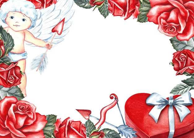 Рамка с красными розами купидонов и подарочной коробкой в форме сердца Ручная акварельная иллюстрация