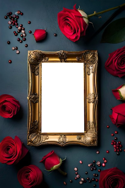 A frame with red roses on a dark background