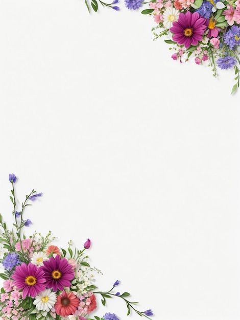 Photo frame with red roses and freesia branches leaves and petals isolated on white background flat lay