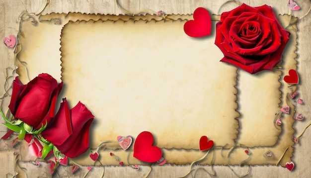 A frame with red roses and a heart on it