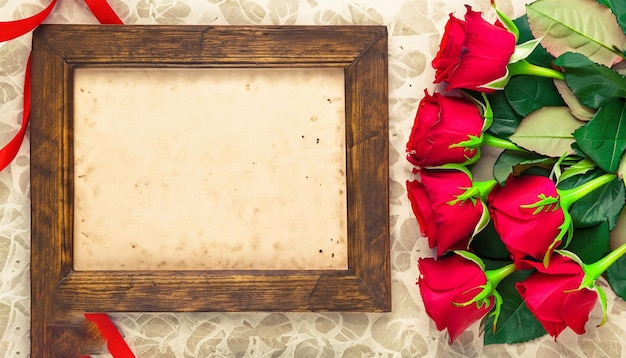 Una cornice con rose rosse sopra