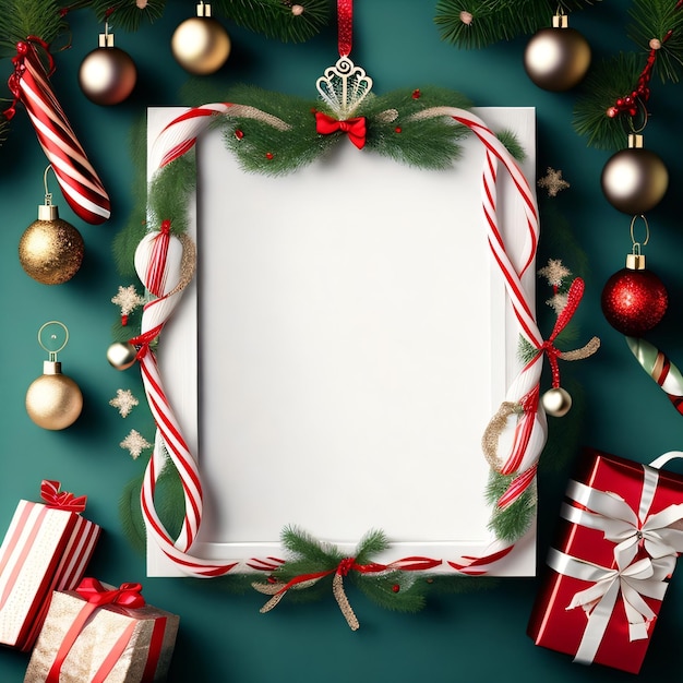 A frame with a red and white ribbon and a christmas tree in the background.