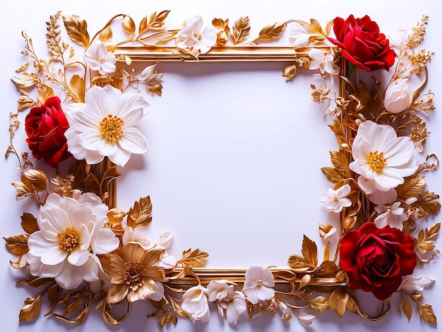 A frame with roses and leaves on it