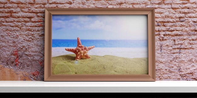 Photo frame with sandy beach on a white shelf 3d illustration