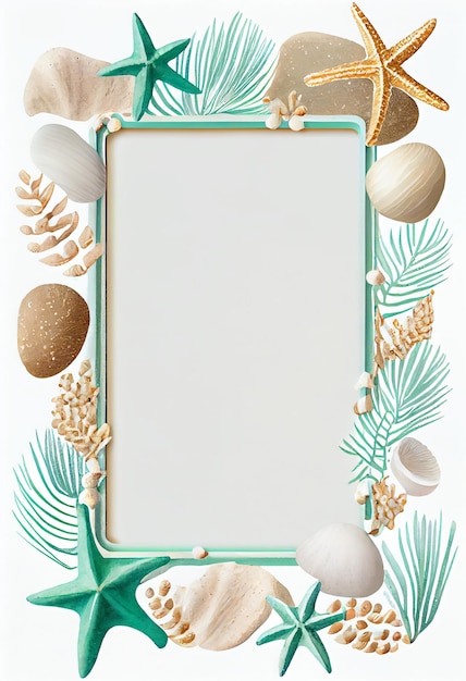 Photo a frame with sea shells and a palm leaf on it.