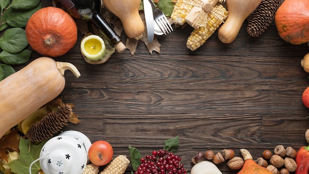 Frame with seasonal ingredients in Thanksgiving Day. Food frame