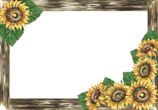 Photo frame with sunflower and wooden boards watercolor hand drawn illustration