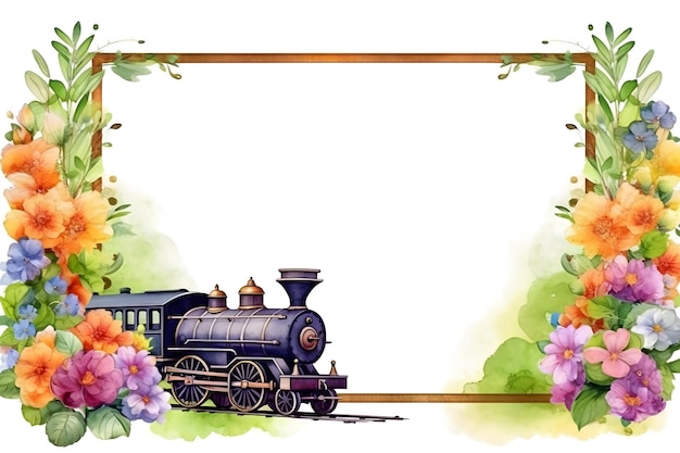 Photo a frame with a train and flowers on it