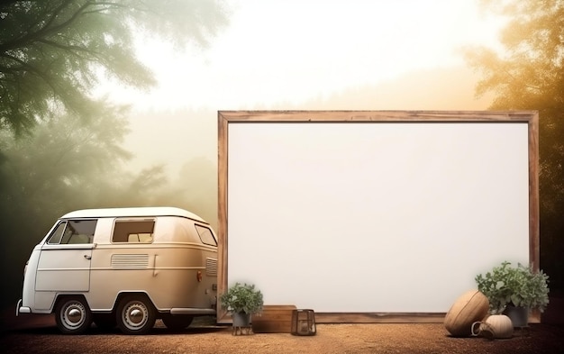 A frame with a van and a tree in the background