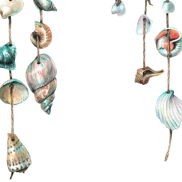 A frame with various shells hanging on ropes Watercolor illustration For decoration and design of beach accessories postcards souvenirs stickers posters invitations certificates