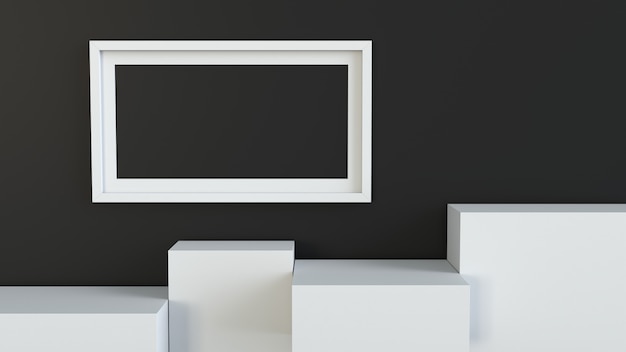 Frame with white cube podium on blank wall background