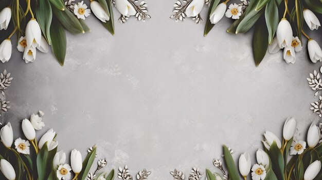 A frame with white flowers and leaves