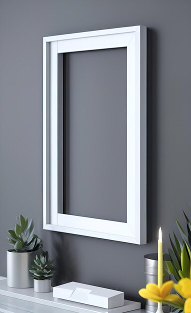 A frame with a white frame and a plant on a gray wall.