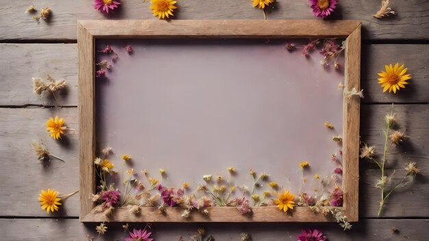 Foto frame e sfondo in legno con fiori secchi con spazio vuoto per il messaggio di saluto amore e saluto concept design ai generato immagine ai