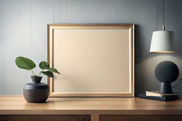 Frame on a wooden table next to a lamp