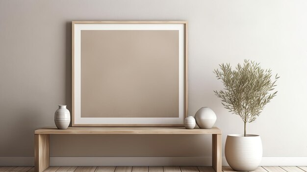 A frame on a wooden table in a living room with a plant on the table.