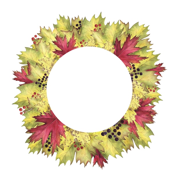 Frame Wreath Autumn maple poplar leaves and berries watercolor isolated on white Hand drawn illustration