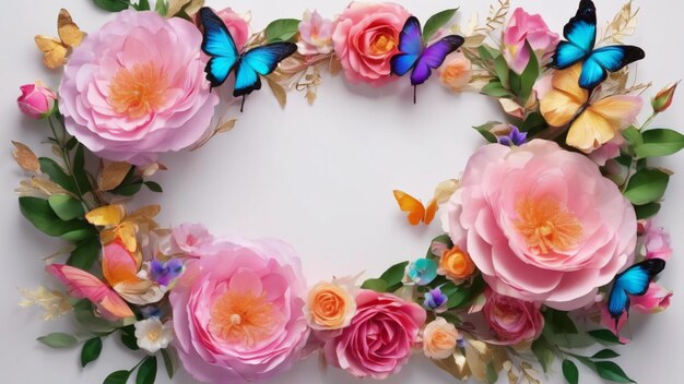 Photo frame wreath made from pastel peony and rose with butterfly