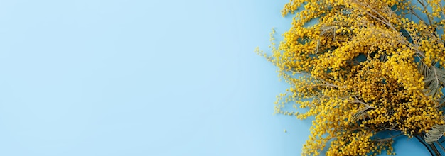 Frame of yellow mimosa flowers on blue solid bakground