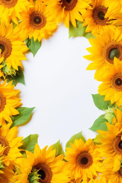 Photo a frame of yellow sunflowers with green leaves and a white background