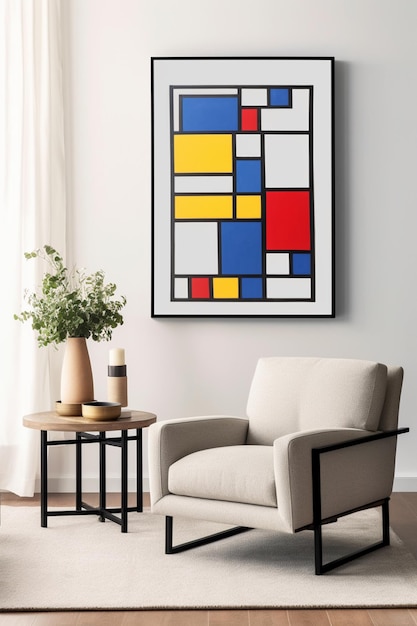 A framed art piece hangs on a wall in a living room.