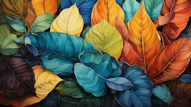 A framed art piece with the colors of the leaves are colorful