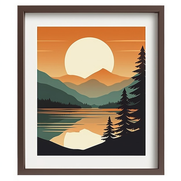 a framed art print of the mountains and lake at sunset