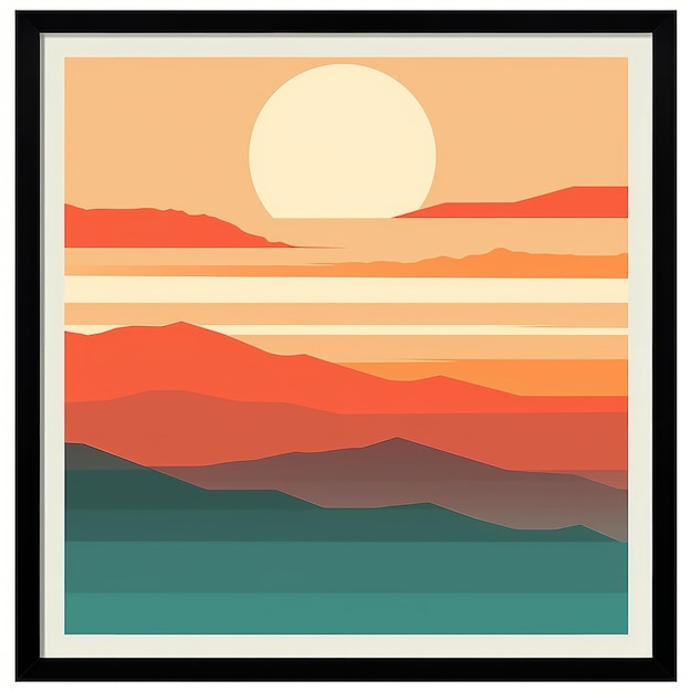 a framed art print of the sun setting over mountains
