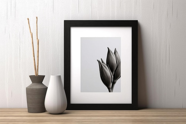 A framed black and white picture of a tulip.