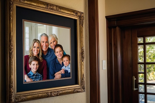 玄関口にあるフレームに囲まれた家族の肖像画