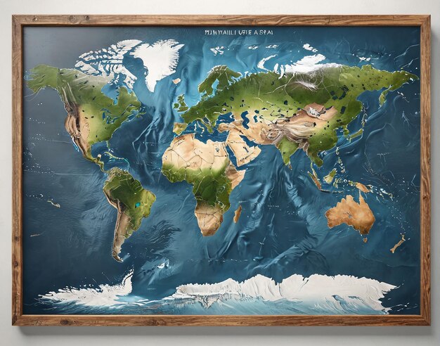 a framed map of the world on a wall