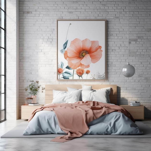 A framed painting of a bed with a flower on it