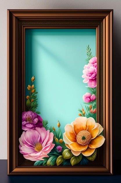 A framed painting of flowers with a blue background.