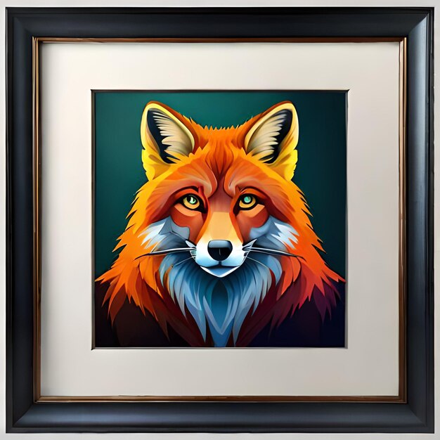 A framed painting of a fox with a black frame.