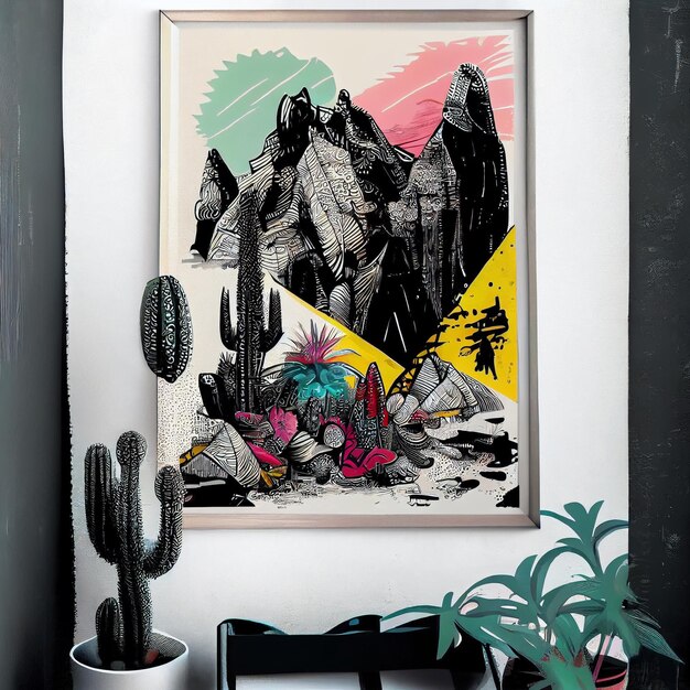 A framed painting of mountains and cactus on a table.