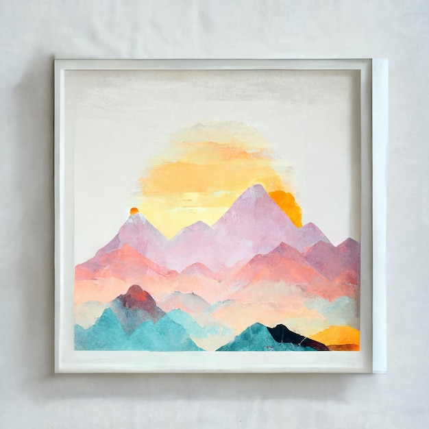 "태양이지고있다"라고 적힌 흰색 프레임이있는 산의 액자 그림.