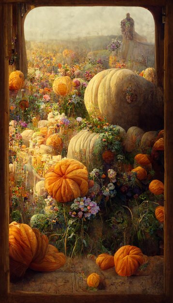 A framed painting of pumpkins and flowers.