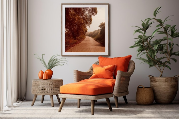 A framed painting of a road in a living room.