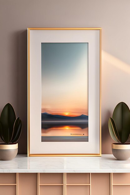 A framed painting of a sunset on a white table with two plants.