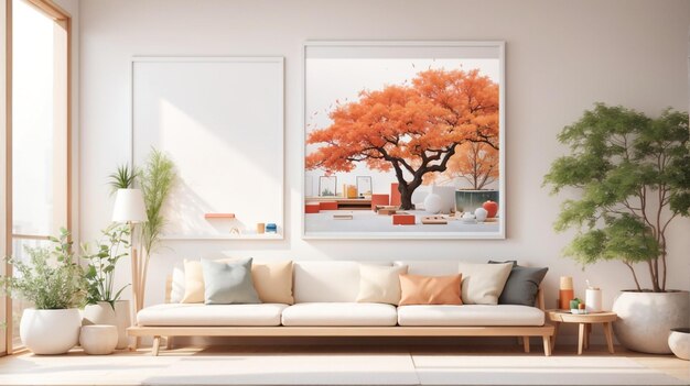 a framed painting of a tree hangs on a wall above a couch