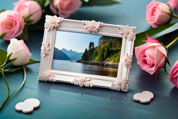 Foto una foto incorniciata di un castello su un tavolo con fiori e un lago sullo sfondo.